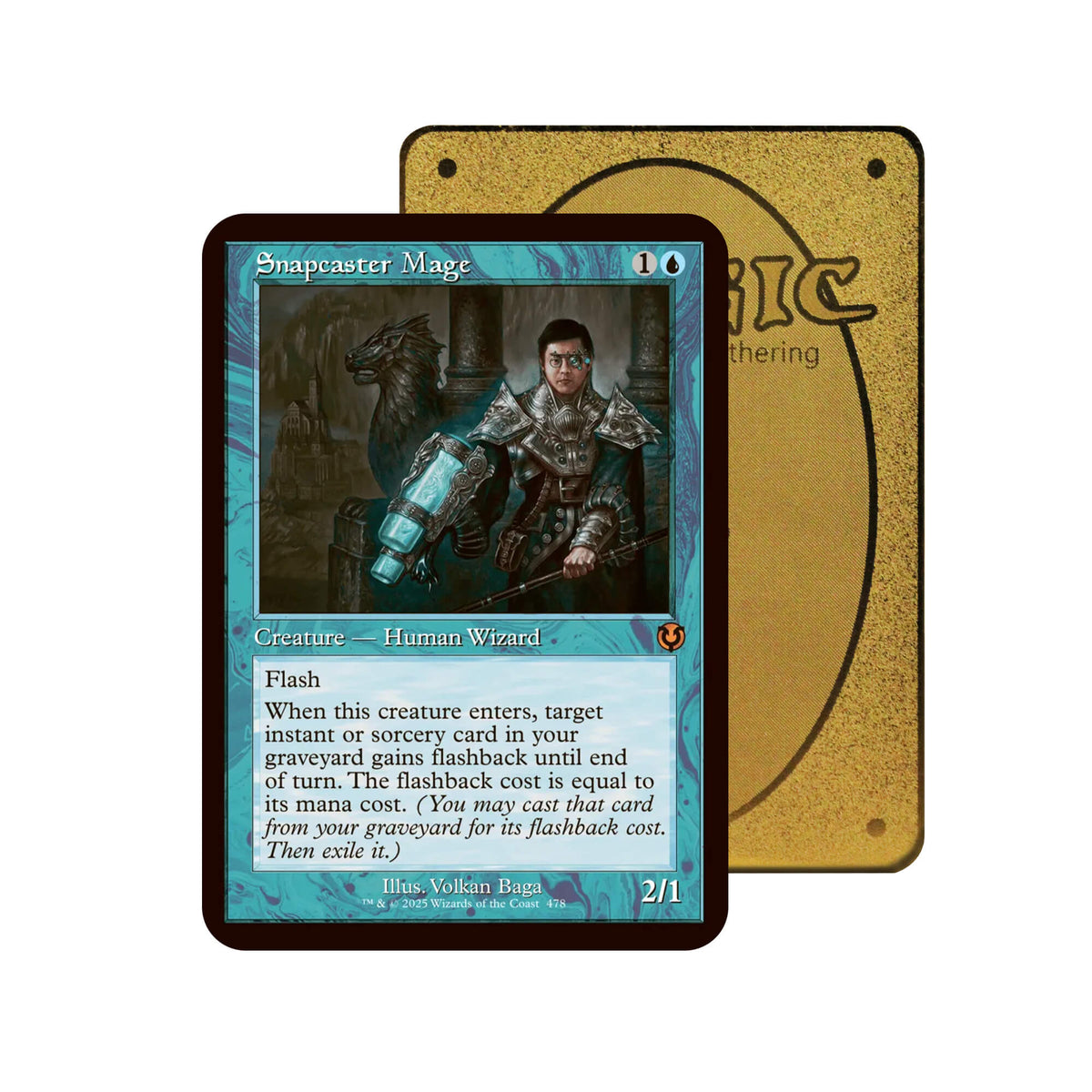 Level up your game with our custom-printed metal orica cards, featuring exclusive Snapcaster Mage artwork in gold metal. Durable, scratch-resistant, and embossed with the iconic Yu-Gi-Oh! card back, these slim orica cards fit perfectly in card sleeves. Sorcery-mtg-yugioh-pokemon-metal-card-embossed-design-custom-artwork-duel-accessories-ldb-duel