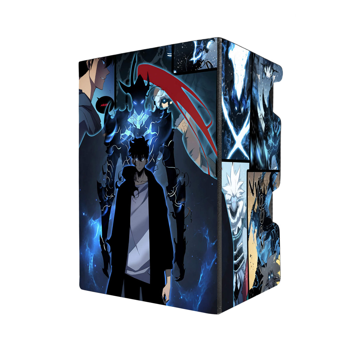 Here's another quality black deck box from LDB Duel featuring our exclusive Solo Leveling art. Fits all types of trading card games, including Pokémon, Yu-Gi-Oh! and Magic The Gathering. The perfect card holder for the TCG player safely holds up to 100 double-sleeved cards. EVEN in extra thick sleeves. Comes with a pull-out dice tray. Sung-Jinwoo-yugioh-mtg-pokemon-tcg-accessories-card-storage-LDB-Duel
