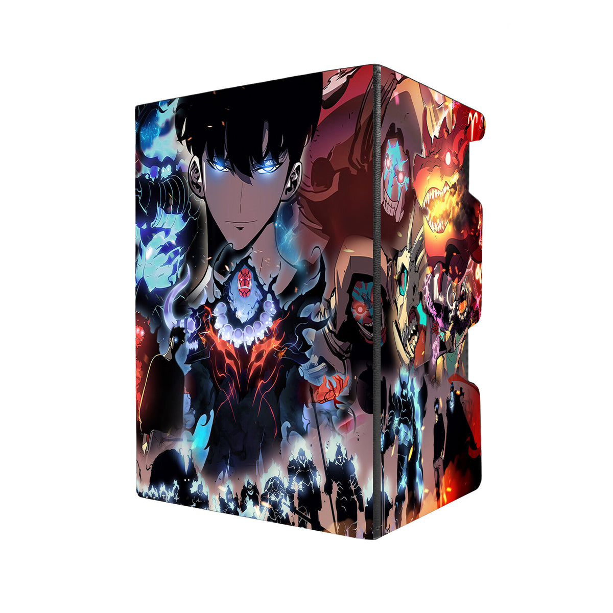 Here's another quality black deck box from LDB Duel featuring our exclusive Solo Leveling: Shadow Shaman art. Fits all types of trading card games, including Pokémon, Yu-Gi-Oh! and Magic The Gathering. The perfect card holder for the TCG player safely holds up to 100 double-sleeved cards. EVEN in extra thick sleeves. Comes with a pull-out dice tray. Solo-Leveling-anime-tcg-accessories-card-storage-LDB-Duel