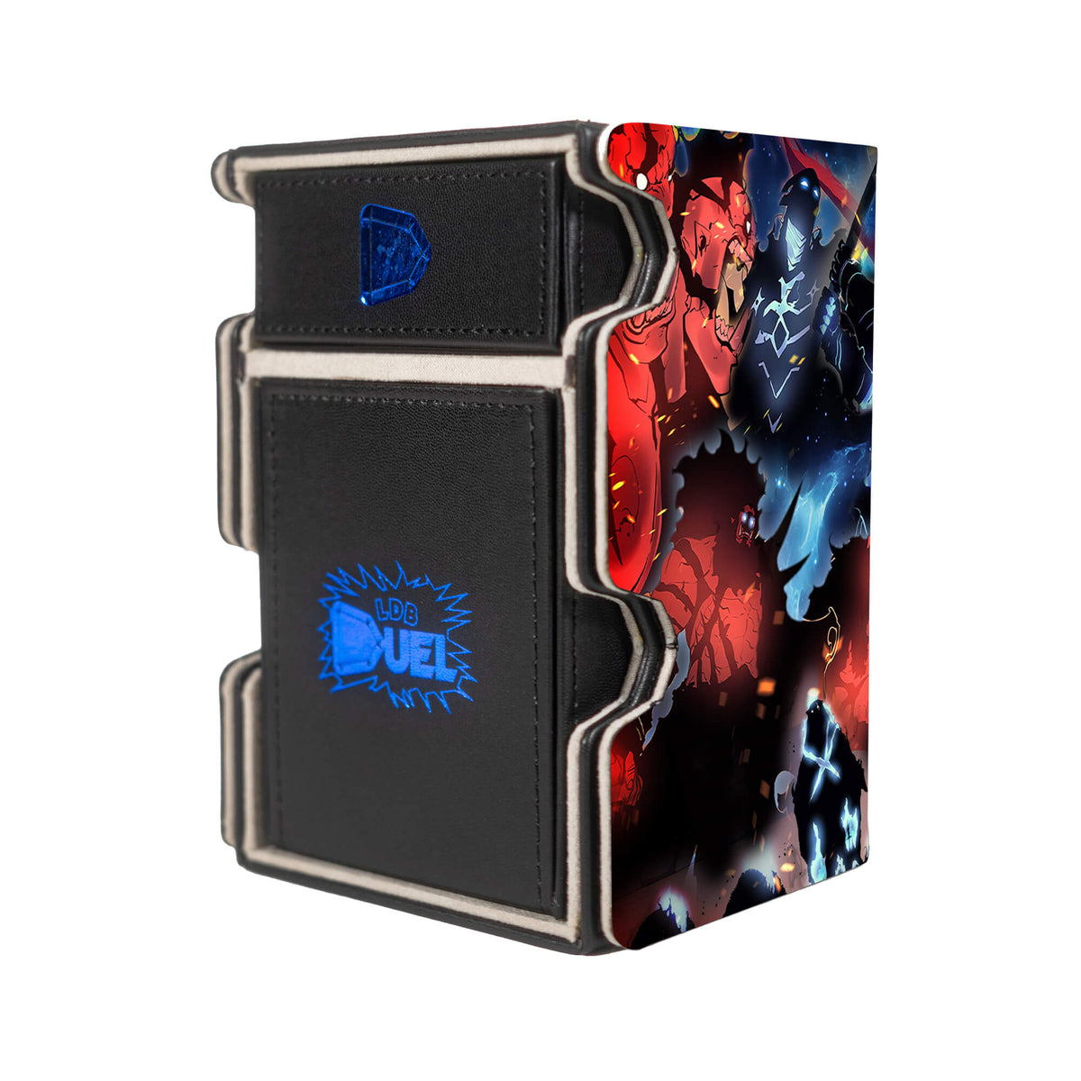 Here is the Right View of the Solo Leveling: Shadow Shaman Mach 3 Black Deck Box. Jinwoo-anime-deck-tray-dice-tray-LDB-Duel