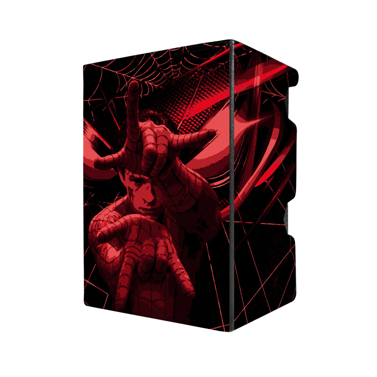 Here's another quality black deck box from LDB Duel featuring our exclusive Spiderman Brand New Day art. Fits all types of trading card games, including Pokémon, Yu-Gi-Oh! and Magic The Gathering. The perfect card holder for the TCG player safely holds up to 100 double-sleeved cards. EVEN in extra thick sleeves. Comes with a pull-out dice tray. Spider-Man-anime-tcg-accessories-card-storage-LDB-Duel