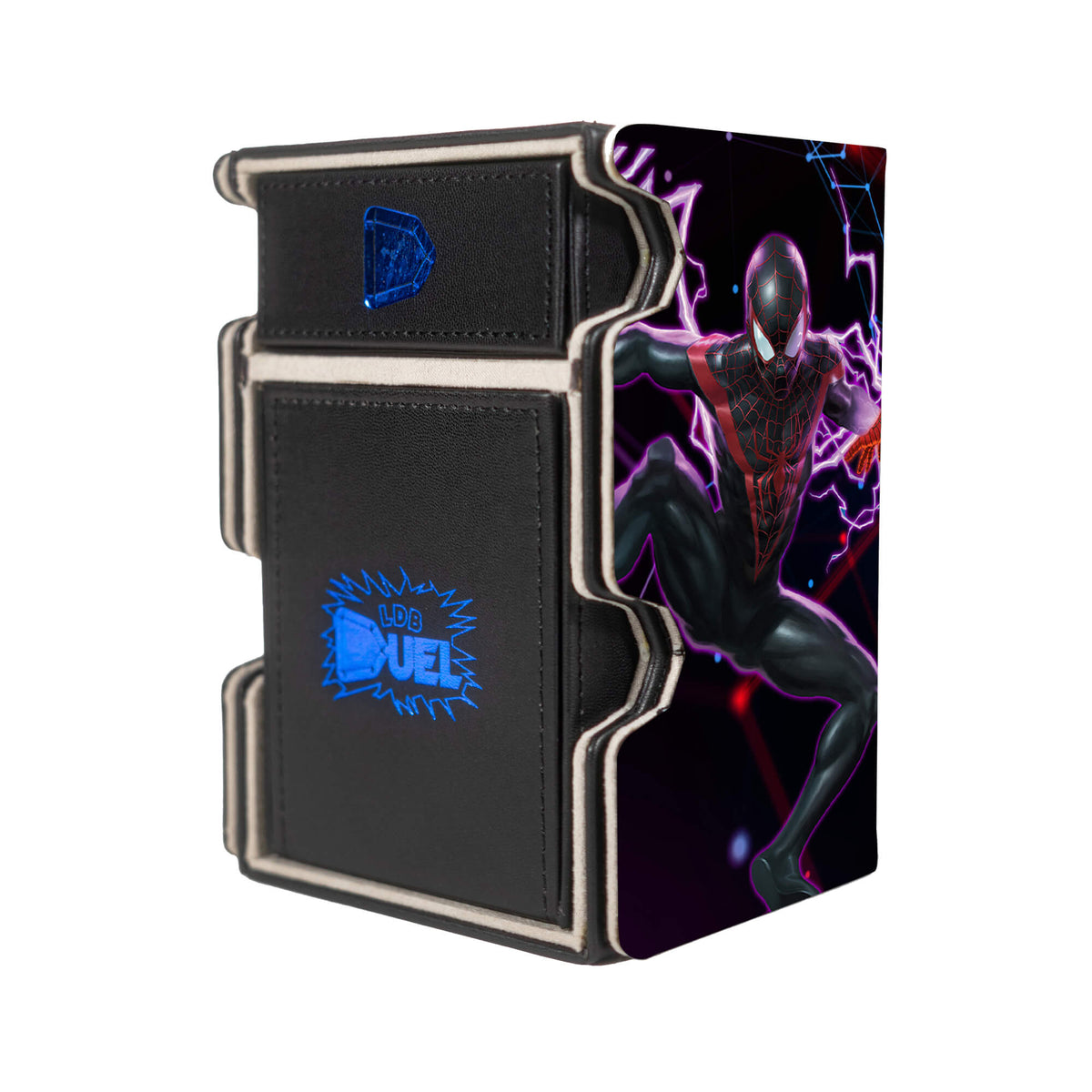 Here is the Right View of the Spiderman Multiverse Mach 3 Black Deck Box. Miles-Morales-mtg-deck-tray-dice-tray-LDB-Duel