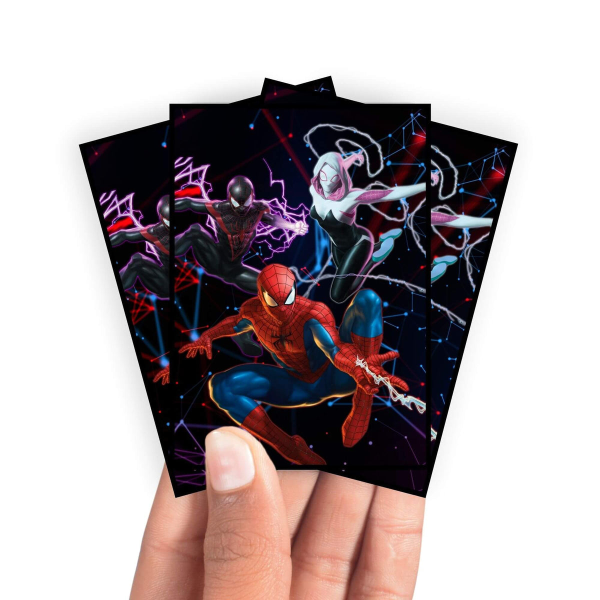 Enhance your cards with our elegant black border card sleeves, featuring a sleek, sophisticated design for a bold, modern aesthetic. From LDB Duel. Perfect for showcasing your collection, these sleeves are printed with our exclusive Spiderman Multiverse design. Miles-Morales-mtg-yugioh-pokemon-card-protection-standard-japanese-dragon-shield-LDB-Duel-black