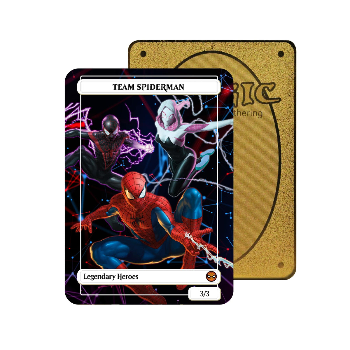 Level up your game with our custom-printed metal orica card, featuring exclusive Spiderman Multiverse artwork in gold metal. Durable, scratch-resistant, and embossed with the iconic Yu-Gi-Oh! card back, these slim field centers fit perfectly in card sleeves. Peter-Parker-mtg-yugioh-pokemon-metal-card-embossed-design-custom-artwork-duel-accessories-ldb-duel