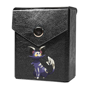 Enhance your TCG storage with the Spookeon Mach 2 Black deck box, available in options for 60 or 80 single-card sleeves. Sold by LDB Duel. Crafted from durable faux leather, it includes a built-in belt loop, a strong magnetic snap, and showcases our exclusive Spookeon design—ideal for TCG enthusiasts on the move! Duskull-pokemon-yugioh-mtg-tcg-accessories-card-storage-LDB-Duel-black