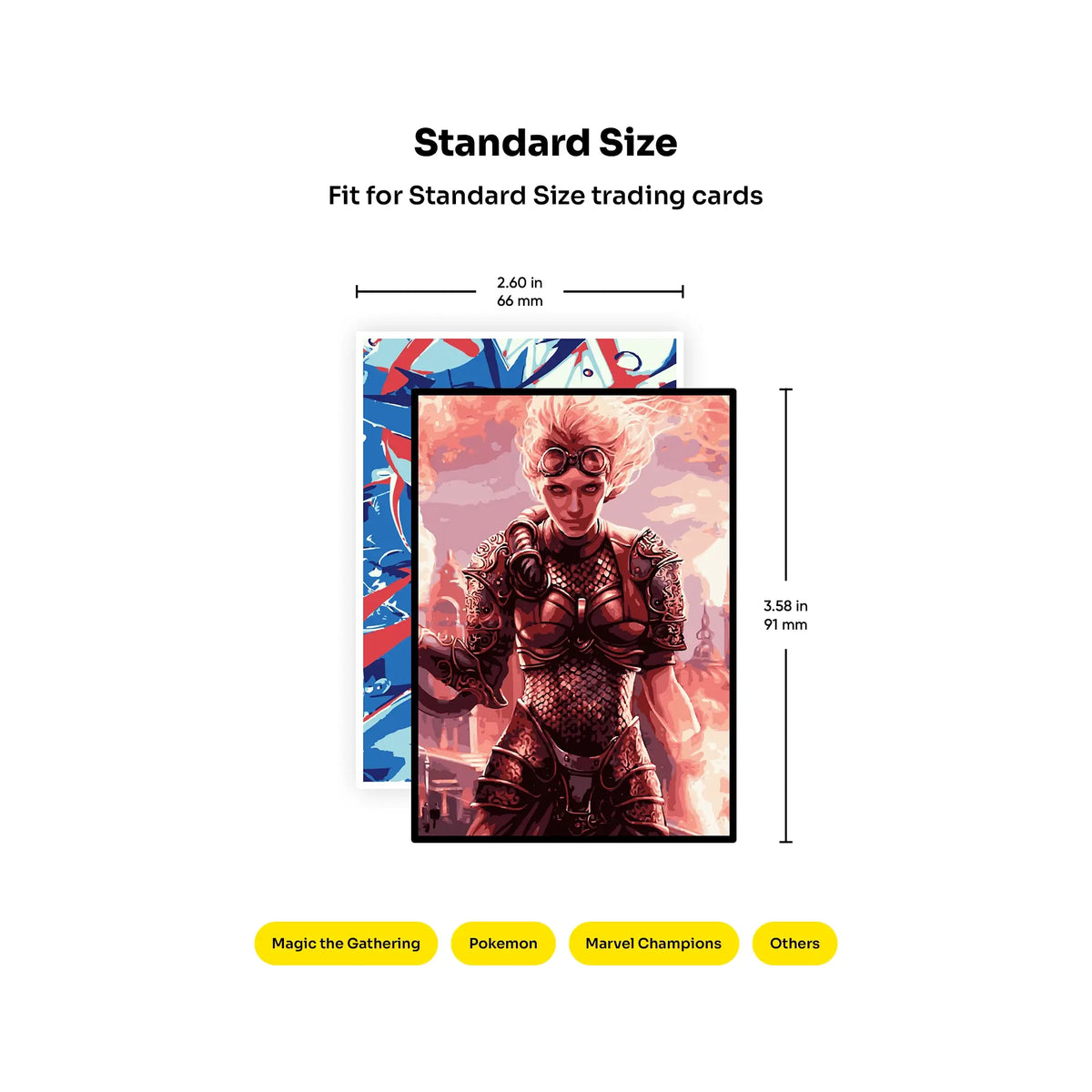 LDBDuel Card Sleeves – Standard Size are designed to fit standard-size trading cards measuring 2.60 × 3.58 inches (66 × 91 mm). Perfect for games such as Magic: The Gathering, Pokémon, Marvel Champions, and other compatible standard-size TCG cards. These custom sleeves allow you to showcase your favorite artwork or personalized designs while adding an extra layer of protection for your cards during gameplay, tournaments, and storage. Pair them with your preferred Matte, Glossy, or Holographic finish 