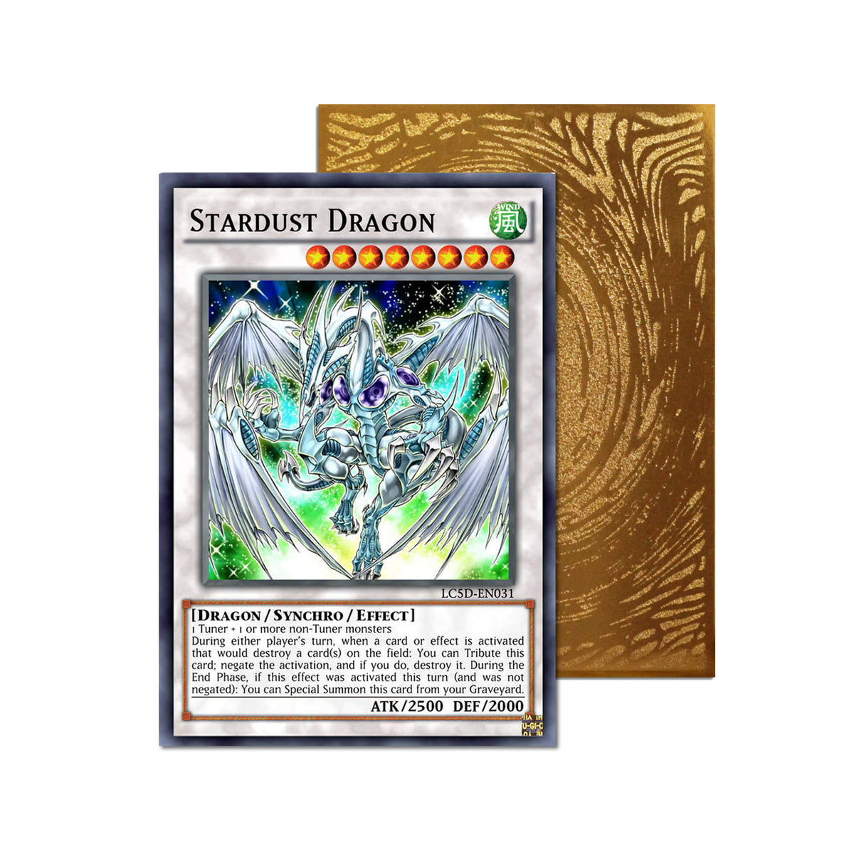 Level up your game with our custom-printed metal orica cards, featuring exclusive Stardust Dragon artwork in gold metal. Durable, scratch-resistant, and embossed with the iconic Yu-Gi-Oh! card back, these slim orica cards fit perfectly in card sleeves. Stardust-Flash-yugioh-mtg-pokemon-metal-card-embossed-design-custom-artwork-duel-accessories-ldb-duel
