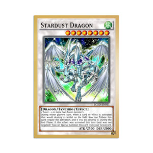 Level up your game with our custom-printed metal orica cards, featuring exclusive Stardust Dragon artwork in gold metal. Durable, scratch-resistant, and embossed with the iconic Yu-Gi-Oh! card back, these slim orica cards fit perfectly in card sleeves. Synchro-Monster-yugioh-mtg-pokemon-metal-card-embossed-design-custom-artwork-duel-accessories-ldb-duel