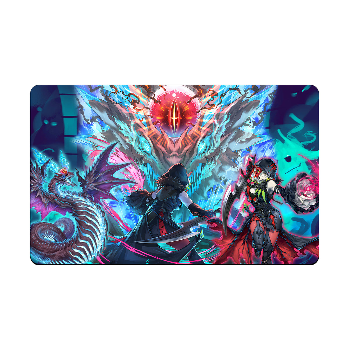 Transform your dueling experience with our exclusive art Startling Stare of the Snake-Eyes playmat from LDB Duel! Featuring a soft cloth top for smooth card movement and a durable rubber back for a secure grip, this 24x14 inch mat is machine washable and safe for cards and sleeves. Flamberge-Dragon-yugioh-mtg-pokemon-custom-artwork-premium-durable-rubber-ldb-duel