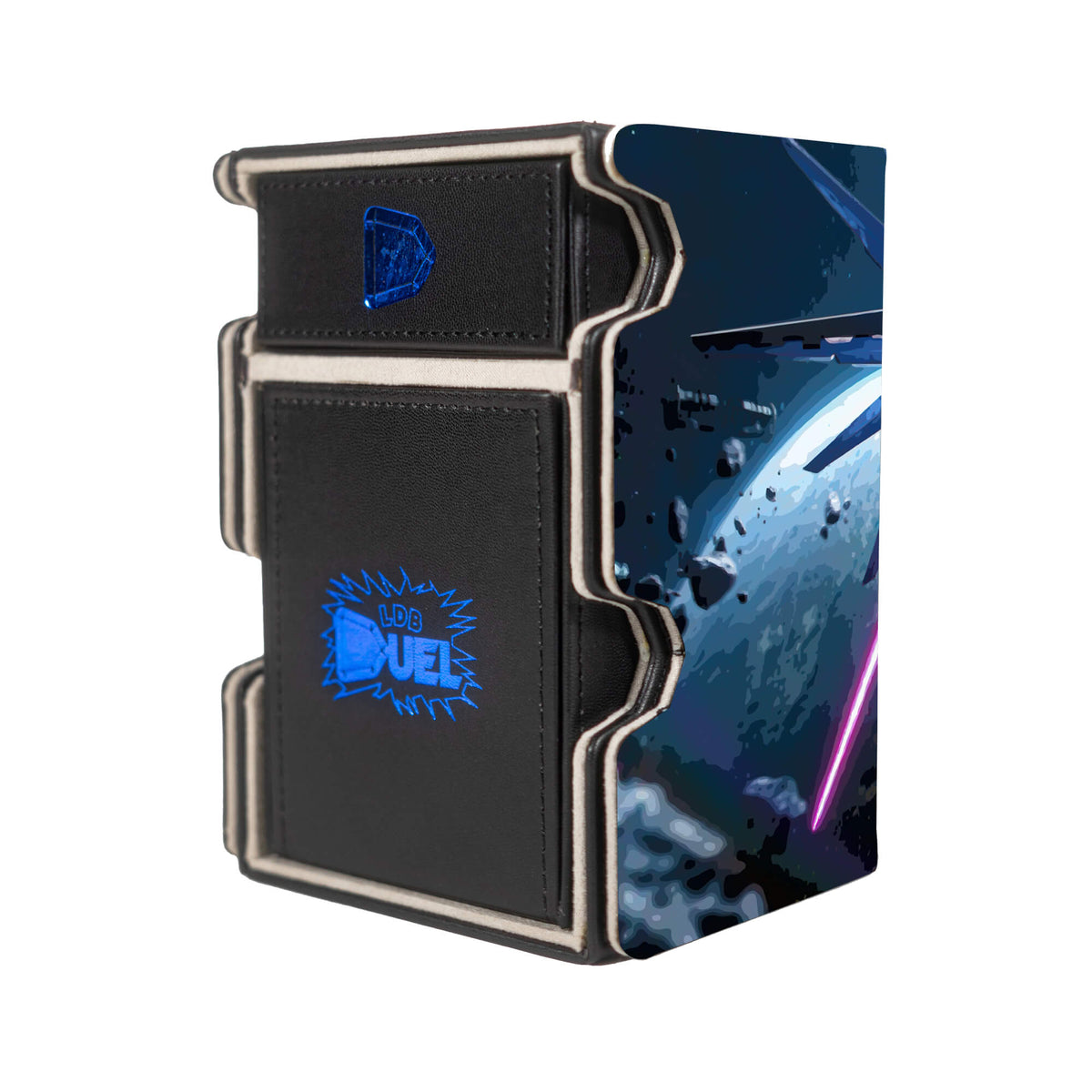 Here is the Right View of the Strike Gundam Mach 3 Black Deck Box. Kira-Yamato-mtg-deck-tray-dice-tray-LDB-Duel