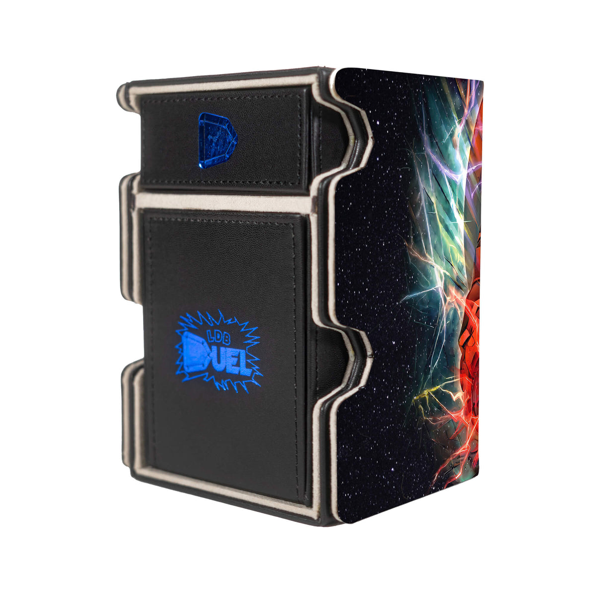 Here is the Right View of the Summoner of the Sacred Beasts Mach 3 Black Deck Box. Light-Attribute-yugioh-deck-tray-dice-tray-LDB-Duel