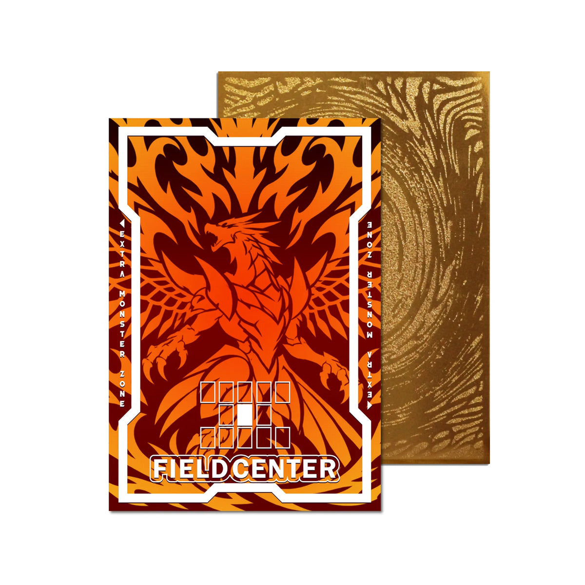 Level up your game with our custom-printed metal field centers, featuring exclusive Sun God Dragon artwork in gold metal. Durable, scratch-resistant, and embossed with the iconic Yu-Gi-Oh! card back, these slim field centers fit perfectly in card sleeves. Egyptian-God-yugioh-metal-card-embossed-design-custom-artwork-duel-accessories-ldb-duel