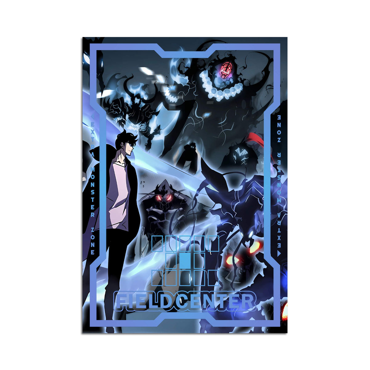 Level up your game with our custom-printed metal field centers, featuring exclusive Sung Jinwoo artwork in gold metal. Durable, scratch-resistant, and embossed with the iconic Yu-Gi-Oh! card back, these slim field centers fit perfectly in card sleeves. Bellion-yugioh-mtg-pokemon-metal-card-embossed-design-custom-artwork-duel-accessories-ldb-duel
