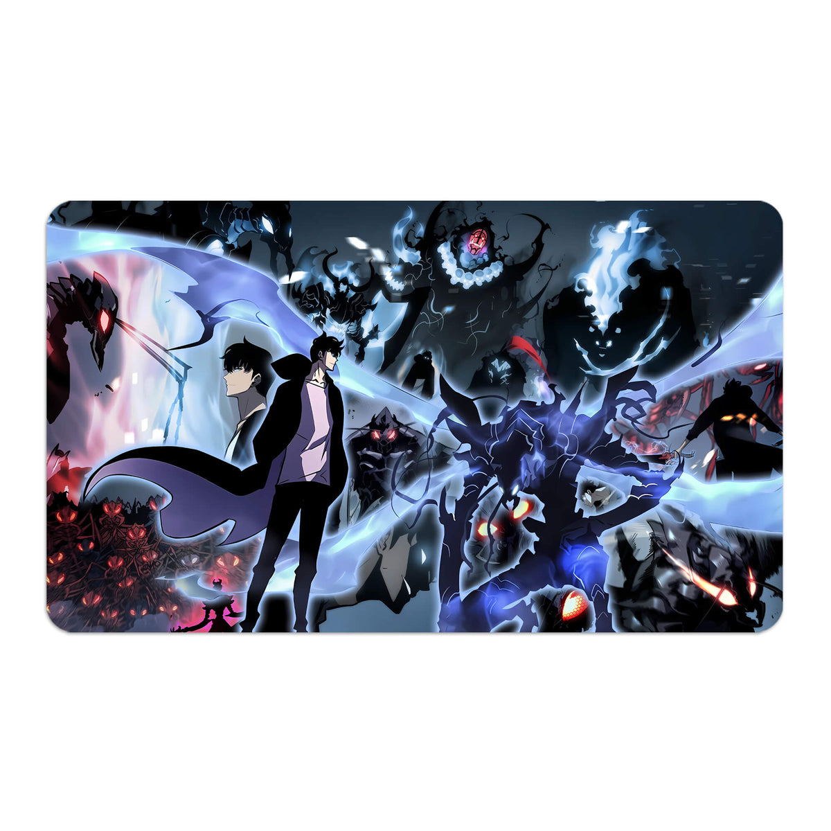 Transform your dueling experience with LDB Duel featuring our exclusive art Sung Jinwoo playmat! Featuring a soft cloth top for smooth card movement and a durable rubber back for a secure grip, this 24x14 inch mat is machine washable and safe for cards and sleeves. Jima-yugioh-mtg-pokemon-custom-artwork-premium-durable-rubber-ldb-duel