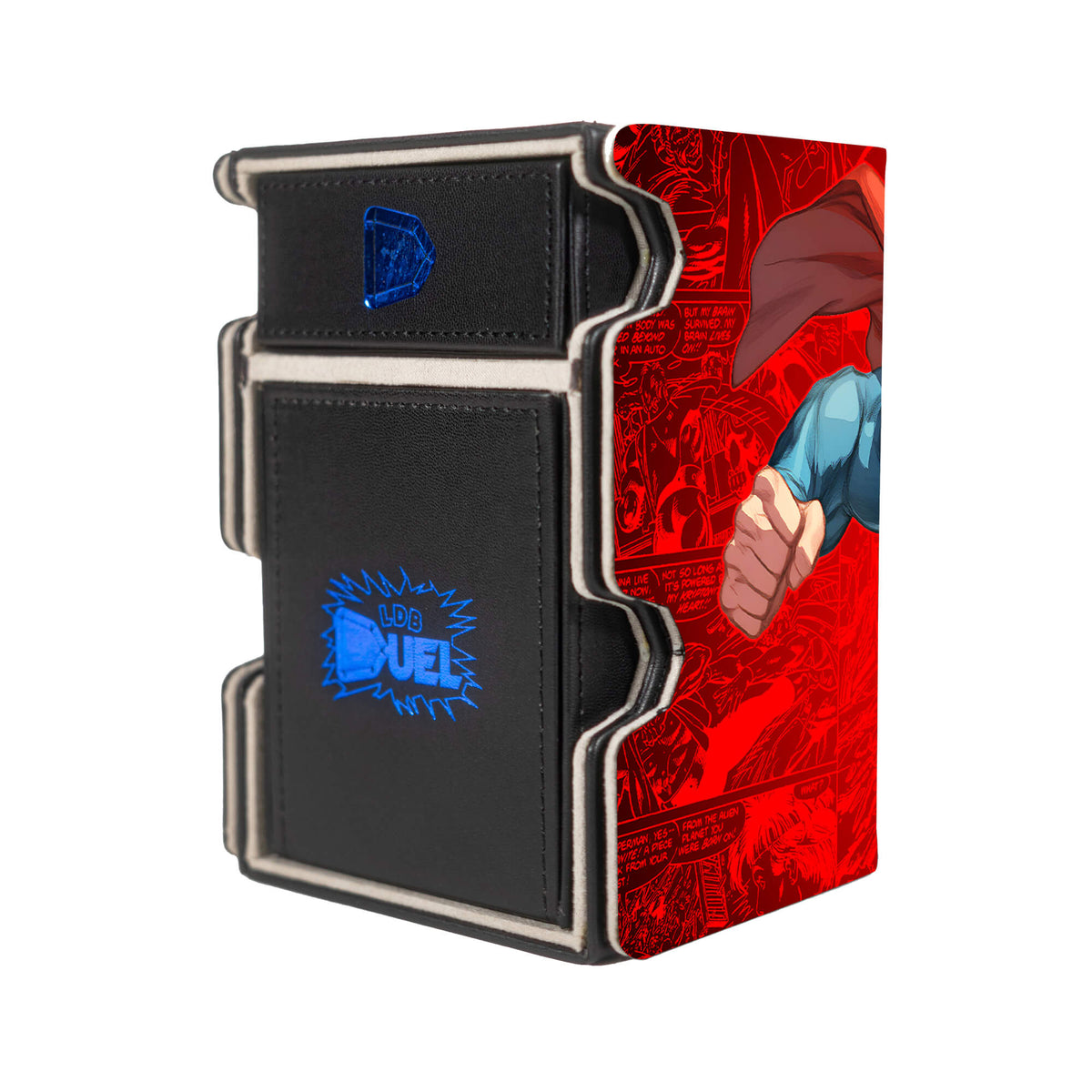 Here is the Right View of the Superman, The Last Son of Krypton Mach 3 Black Deck Box. Krypton-mtg-deck-tray-dice-tray-LDB-Duel