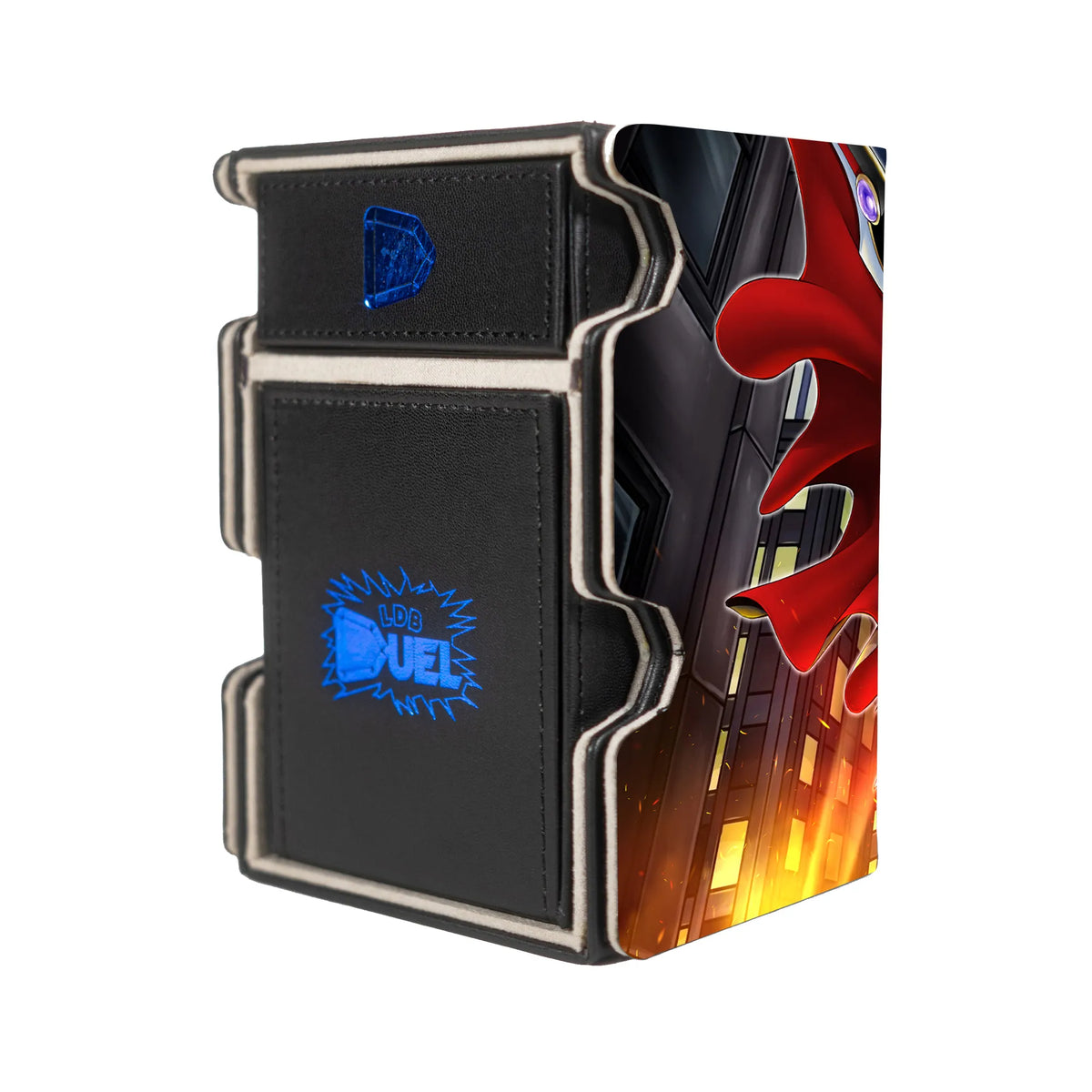 Here is the Right View of the Supreme Darkness Mach 3 Black Deck Box. Evil-HERO-yugioh-deck-tray-dice-tray-LDB-Duel