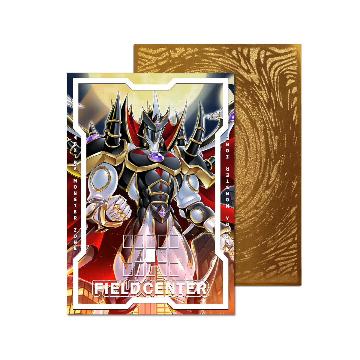 Level up your game with our custom-printed metal field centers, featuring exclusive Supreme Darkness artwork in gold metal. Durable, scratch-resistant, and embossed with the iconic Yu-Gi-Oh! card back, these slim field centers fit perfectly in card sleeves. Jaden-Yuki-yugioh-metal-card-embossed-design-custom-artwork-duel-accessories-ldb-duel