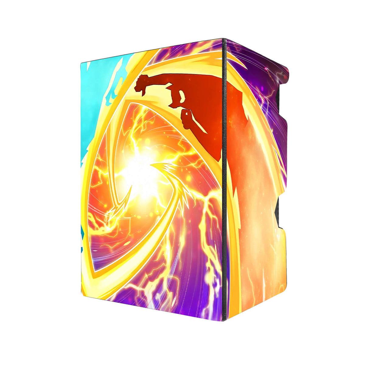 Here's another quality black deck box from LDB Duel featuring our exclusive Surprise Fusion art. Fits all types of trading card games, including Pokémon, Yu-Gi-Oh! and Magic The Gathering. The perfect card holder for the TCG player safely holds up to 100 double-sleeved cards. EVEN in extra thick sleeves. Comes with a pull-out dice tray. Spell-Card-yugioh-tcg-accessories-card-storage-LDB-Duel