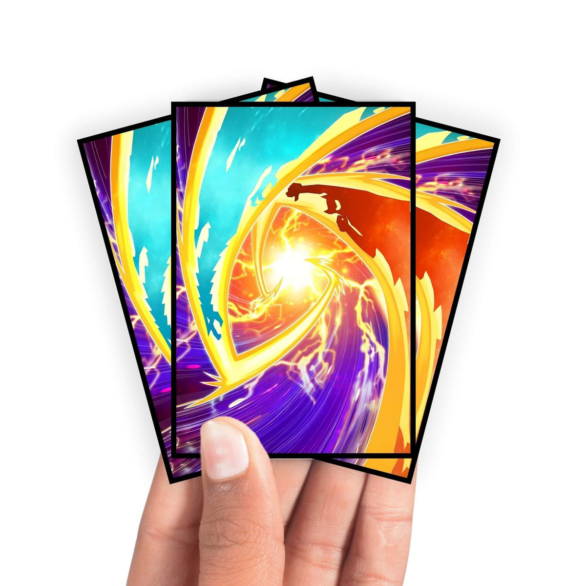 Enhance your cards with our elegant black border card sleeves, featuring a sleek, sophisticated design for a bold, modern aesthetic. From LDB Duel. Perfect for showcasing your collection, these sleeves are printed with our exclusive Surprise Fusion design. Spell-Card-yugioh-mtg-pokemon-card-protection-standard-japanese-dragon-shield-LDB-Duel-black