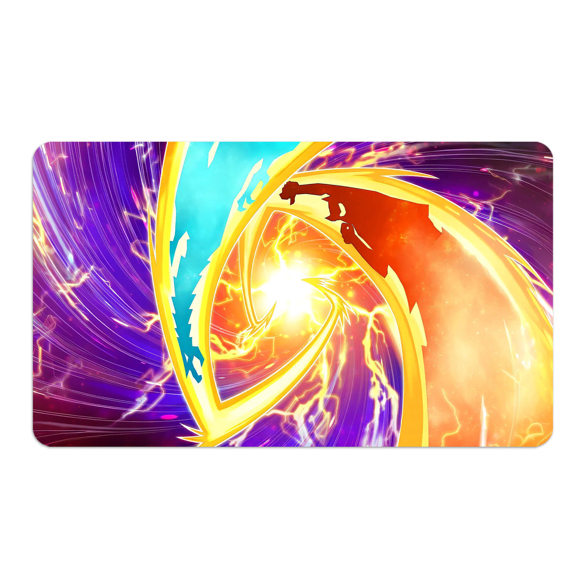 Transform your dueling experience with LDB Duel featuring our exclusive art Surprise Fusion playmat! Featuring a soft cloth top for smooth card movement and a durable rubber back for a secure grip, this 24x14 inch mat is machine washable and safe for cards and sleeves. Spell-Card-yugioh-mtg-pokemon-custom-artwork-premium-durable-rubber-ldb-duel