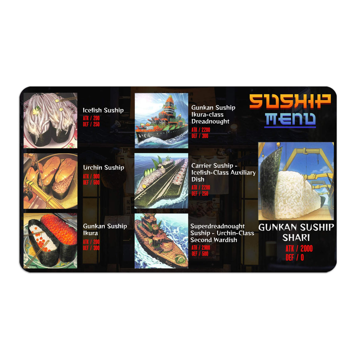 Transform your dueling experience with LDB Duel featuring our exclusive art Suship playmat! Featuring a soft cloth top for smooth card movement and a durable rubber back for a secure grip, this 24x14 inch mat is machine washable and safe for cards and sleeves. Shirauo-yugioh-mtg-pokemon-custom-artwork-premium-durable-rubber-ldb-duel