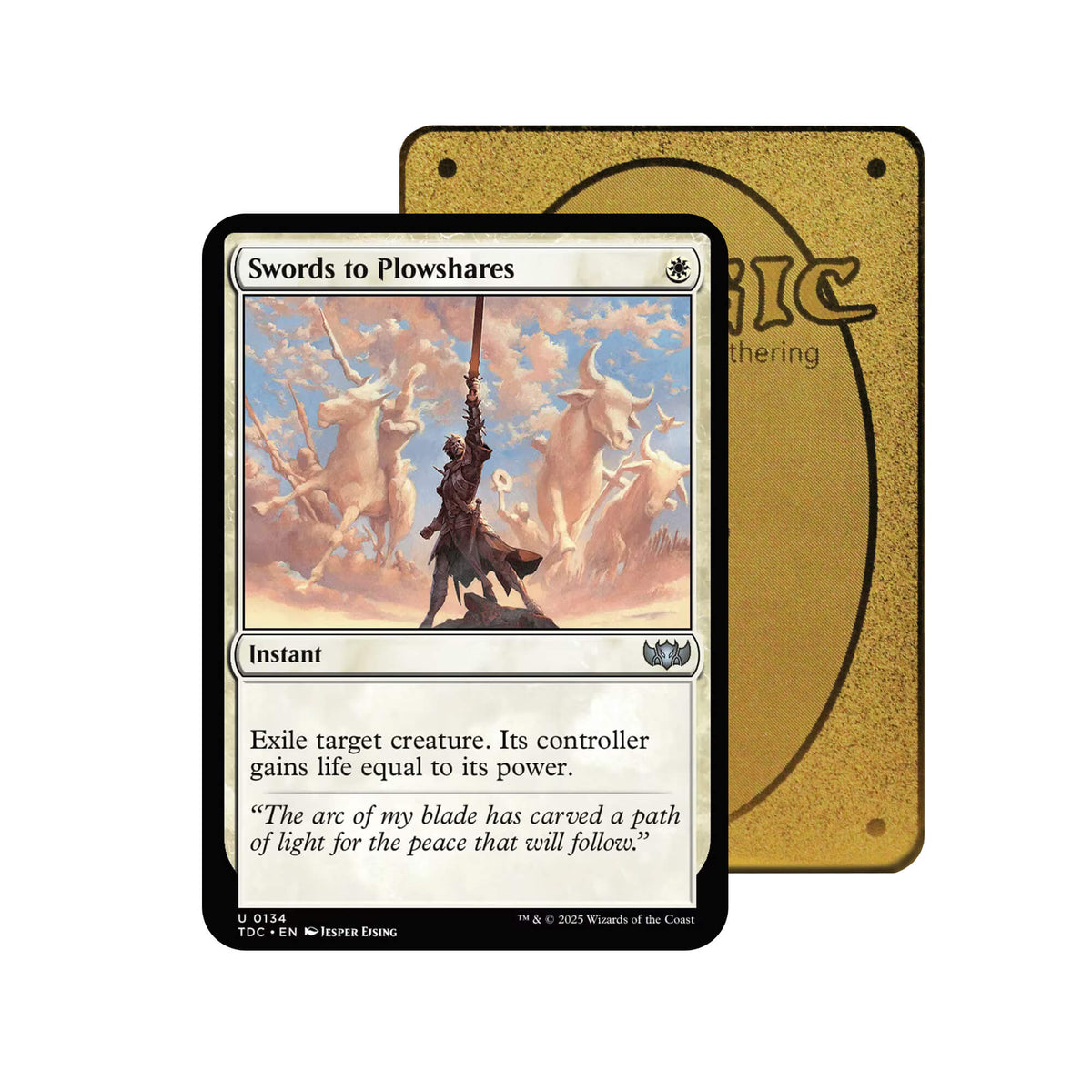 Level up your game with our custom-printed metal orica cards, featuring exclusive Swords to Plowshares artwork in gold metal. Durable, scratch-resistant, and embossed with the iconic Yu-Gi-Oh! card back, these slim orica cards fit perfectly in card sleeves. Commander-Staples-mtg-yugioh-pokemon-metal-card-embossed-design-custom-artwork-duel-accessories-ldb-duel