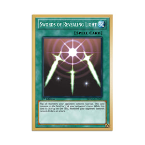 Level up your game with our custom-printed metal orica cards, featuring exclusive Swords of Revealing Light artwork in gold metal. Durable, scratch-resistant, and embossed with the iconic Yu-Gi-Oh! card back, these slim orica cards fit perfectly in card sleeves. Spell-Card-yugioh-mtg-pokemon-metal-card-embossed-design-custom-artwork-duel-accessories-ldb-duel
