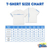 T-shirt size chart showing measurements for small, medium, large, extra large, and plus sizes with chest, length, and sleeve dimensions.
