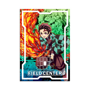 Level up your game with our custom-printed metal field centers, featuring exclusive Tanjiro Kamado artwork in gold metal. Durable, scratch-resistant, and embossed with the iconic Yu-Gi-Oh! card back, these slim field centers fit perfectly in card sleeves. Demon-Slayer-yugioh-mtg-pokemon-metal-card-embossed-design-custom-artwork-duel-accessories-ldb-duel