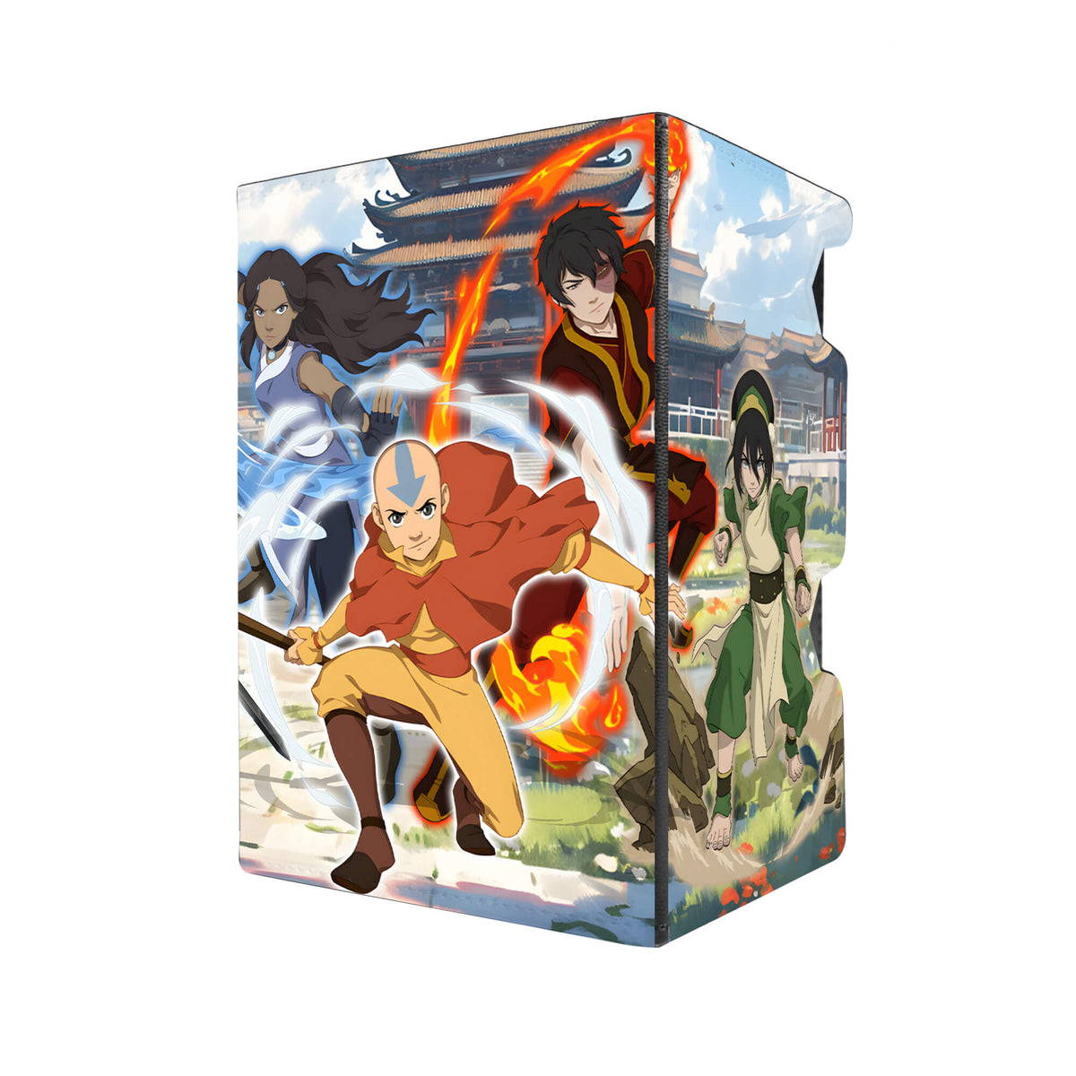 Here's another quality black deck box from LDB Duel featuring our exclusive Team Avatar art. Fits all types of trading card games, including Pokémon, Yu-Gi-Oh! and Magic The Gathering. The perfect card holder for the TCG player safely holds up to 100 double-sleeved cards. EVEN in extra thick sleeves. Comes with a pull-out dice tray. Aang-anime-mtg-tcg-accessories-card-storage-LDB-Duel