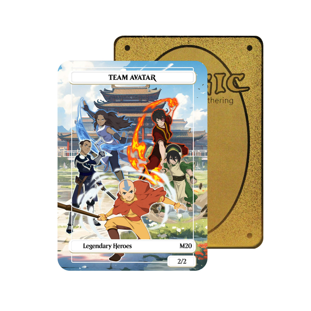 Level up your game with our custom-printed metal orica card, featuring exclusive Team Avatar artwork in gold metal. Durable, scratch-resistant, and embossed with the iconic Yu-Gi-Oh! card back, these slim field centers fit perfectly in card sleeves. Airbending-anime-mtg-yugioh-pokemon-metal-card-embossed-design-custom-artwork-duel-accessories-ldb-duel
