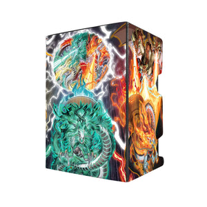 Here's another quality black deck box from LDB Duel featuring our exclusive Tenpai Dragons Archetype art. Fits all types of trading card games, including Pokémon, Yu-Gi-Oh! and Magic The Gathering. The perfect card holder for the TCG player safely holds up to 100 double-sleeved cards. EVEN in extra thick sleeves. Comes with a pull-out dice tray. Genroku-yugioh-mtg-pokemon-tcg-accessories-card-storage-LDB-Duel