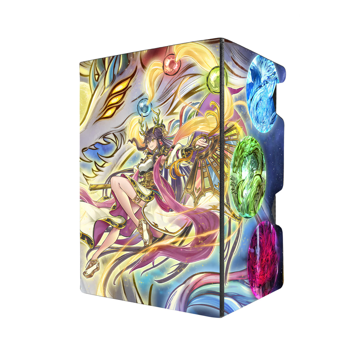 Here's another quality black deck box from LDB Duel featuring our exclusive Tenyi Spirit Archetype art. Fits all types of trading card games, including Pokémon, Yu-Gi-Oh! and Magic The Gathering. The perfect card holder for the TCG player safely holds up to 100 double-sleeved cards. EVEN in extra thick sleeves. Comes with a pull-out dice tray. Tenyi-Spirit-yugioh-tcg-accessories-card-storage-LDB-Duel