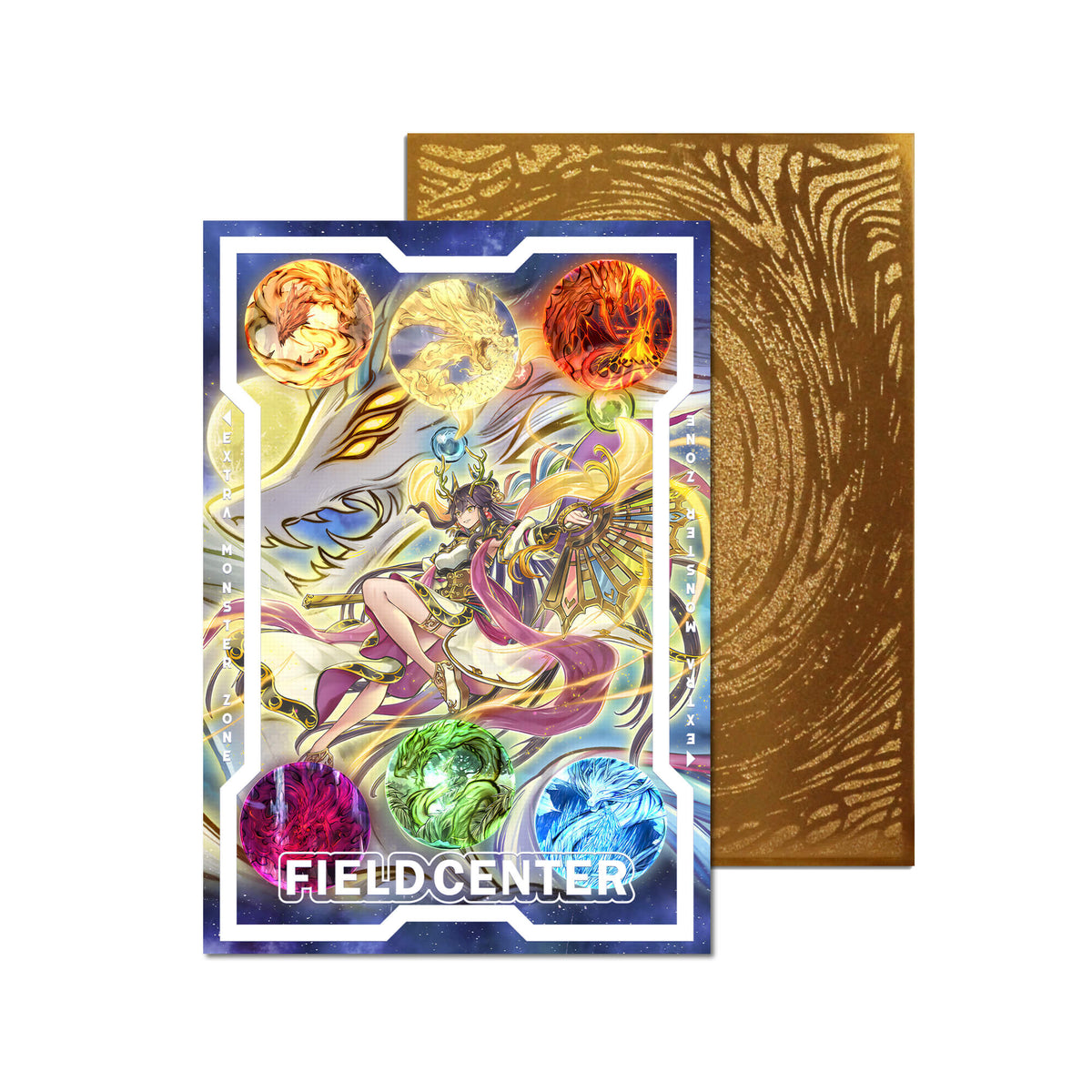Level up your game with our custom-printed metal field centers, featuring exclusive Tenyi Spirit Archetype artwork in gold metal. Durable, scratch-resistant, and embossed with the iconic Yu-Gi-Oh! card back, these slim field centers fit perfectly in card sleeves. Tenyi-Spirit-yugioh-mtg-pokemon-metal-card-embossed-design-custom-artwork-duel-accessories-ldb-duel