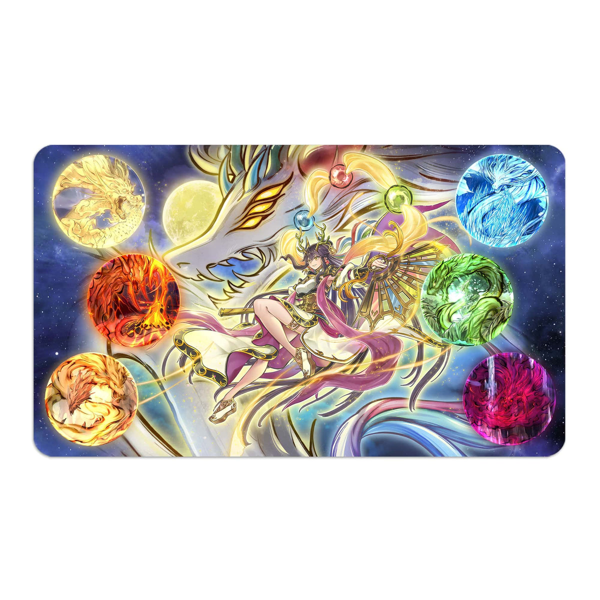 Transform your dueling experience with LDB Duel featuring our exclusive art Tenyi Spirit Archetype playmat! Featuring a soft cloth top for smooth card movement and a durable rubber back for a secure grip, this 24x14 inch mat is machine washable and safe for cards and sleeves. Tenyi-Spirit-yugioh-mtg-pokemon-custom-artwork-premium-durable-rubber-ldb-duel