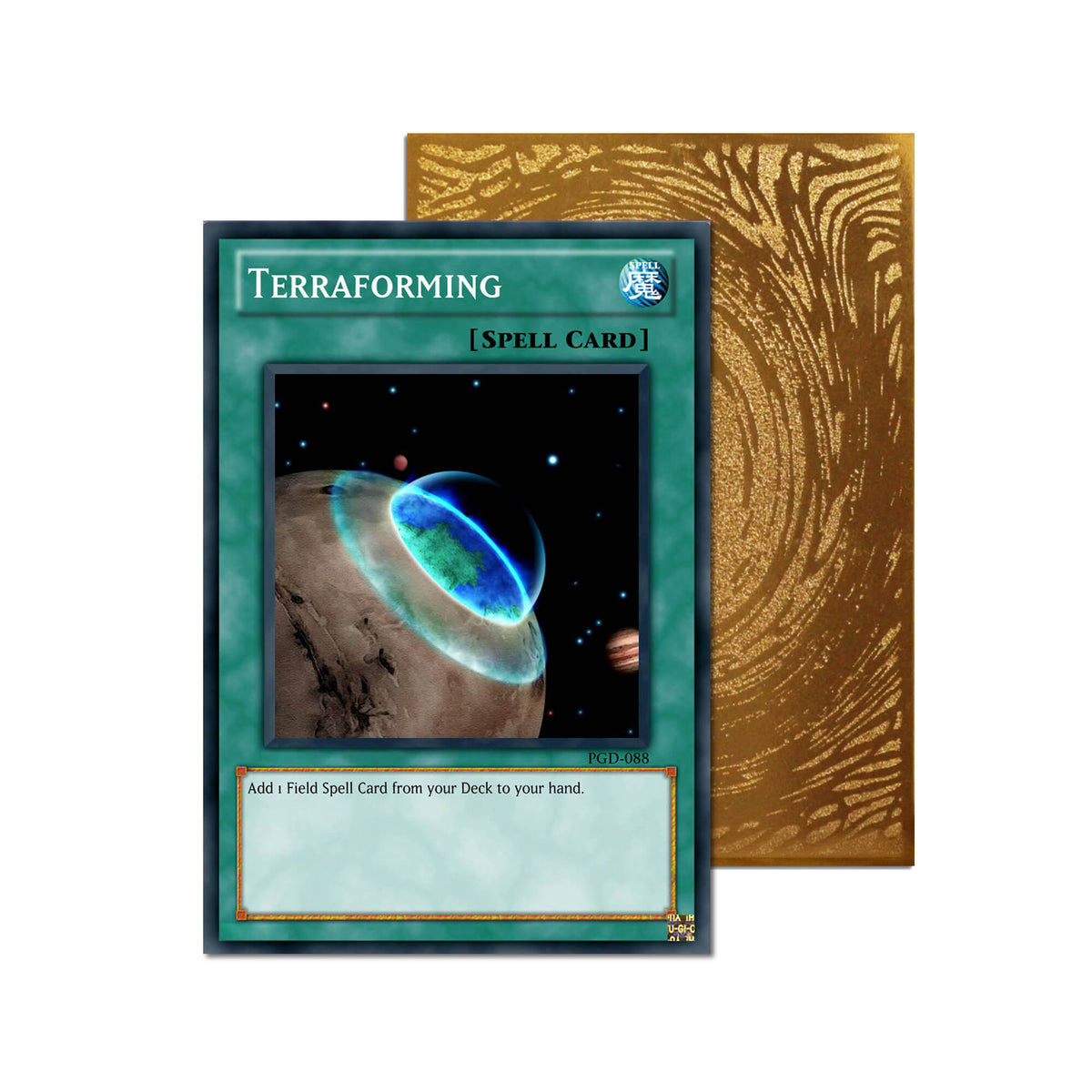 Level up your game with our custom-printed metal orica cards, featuring exclusive Terraforming artwork in gold metal. Durable, scratch-resistant, and embossed with the iconic Yu-Gi-Oh! card back, these slim orica cards fit perfectly in card sleeves. Planet-Pathfinder-yugioh-mtg-pokemon-metal-card-embossed-design-custom-artwork-duel-accessories-ldb-duel