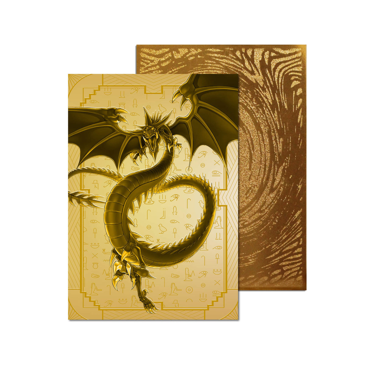 Level up your game with our custom-printed metal orica, featuring exclusive The Slifer Dragon artwork in gold metal. Durable, scratch-resistant, and embossed with the iconic Yu-Gi-Oh! card back, these slim orica cards fit perfectly in card sleeves. Egyptian-yugioh-mtg-pokemon-metal-card-embossed-design-custom-artwork-duel-accessories-ldb-duel