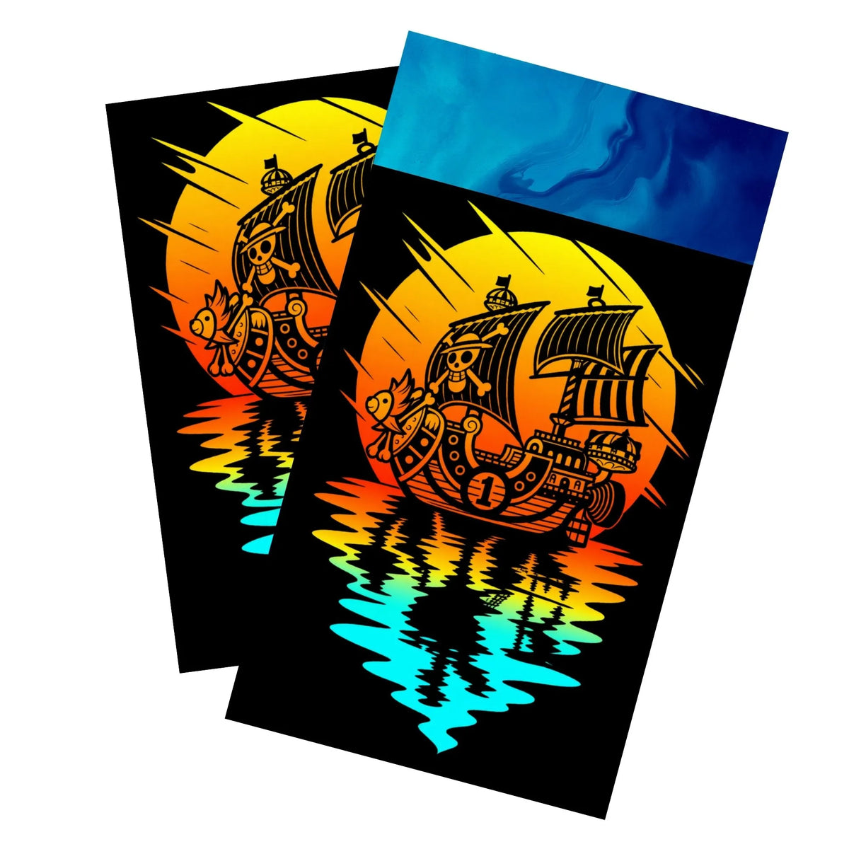 Enhance your cards with our elegant black border card sleeves, featuring a sleek, sophisticated design for a bold, modern aesthetic. From LDB Duel. Perfect for showcasing your collection, these sleeves are printed with our exclusive Thousand Sunny design. Luffy-onepiece-card-protection-standard-japanese-dragon-shield-LDB-Duel-black
