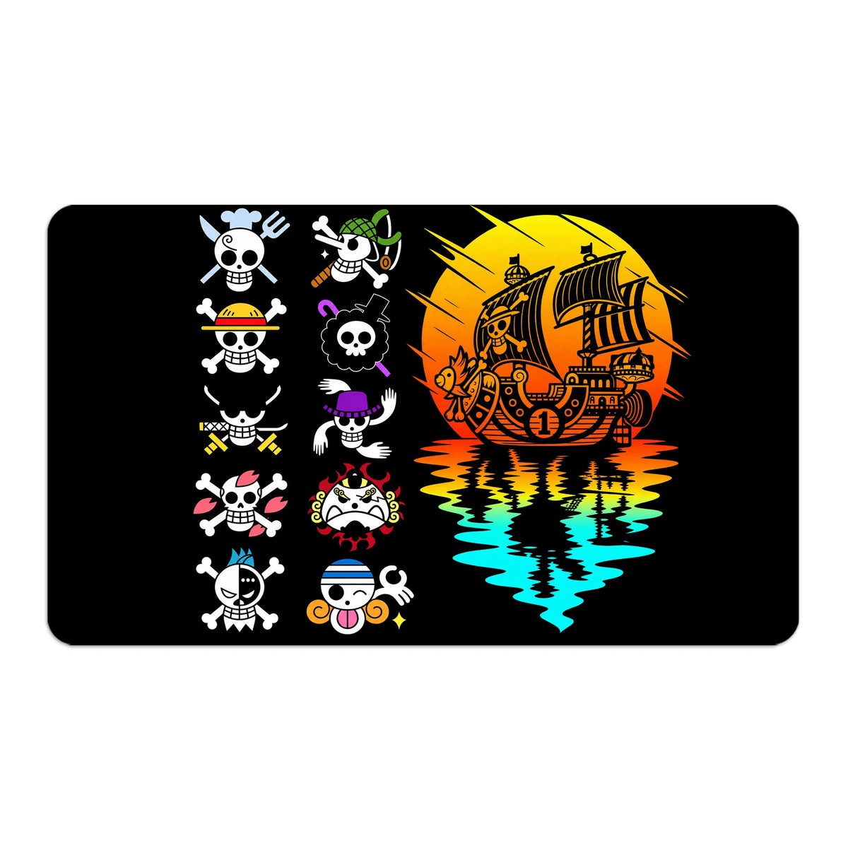 Transform your dueling experience with LDB Duel featuring our exclusive art Thousand Sunny playmat! Featuring a soft cloth top for smooth card movement and a durable rubber back for a secure grip, this 24x14 inch mat is machine washable and safe for cards and sleeves. Strawhat-Pirates-onepiece-custom-artwork-premium-durable-rubber-ldb-duel