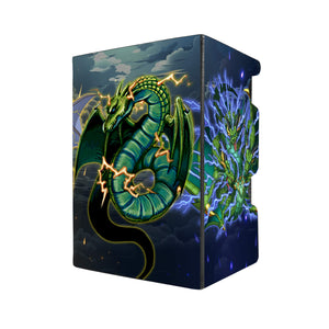 Here's another quality black deck box from LDB Duel featuring our exclusive Thunder Dragon Archetype art. Fits all types of trading card games, including Pokémon, Yu-Gi-Oh! and Magic The Gathering. The perfect card holder for the TCG player safely holds up to 100 double-sleeved cards. EVEN in extra thick sleeves. Comes with a pull-out dice tray. Dragonlord-yugioh-mtg-pokemon-tcg-accessories-card-storage-LDB-Duel