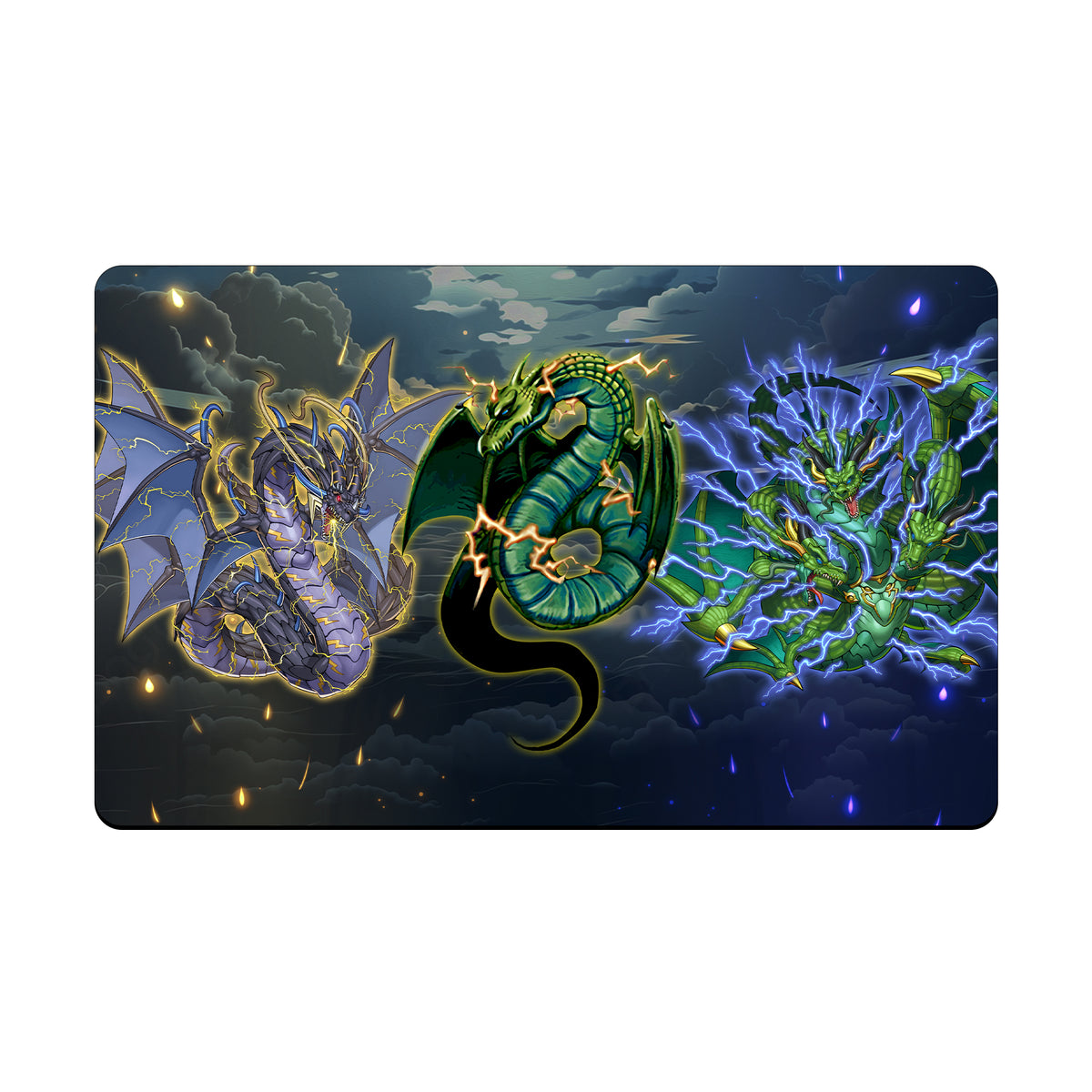 Transform your dueling experience with our exclusive art Thunder Dragon Archetype playmat from LDB Duel! Featuring a soft cloth top for smooth card movement and a durable rubber back for a secure grip, this 24x14 inch mat is machine washable and safe for cards and sleeves. Dragonduo-yugioh-mtg-pokemon-custom-artwork-premium-durable-rubber-ldb-duel