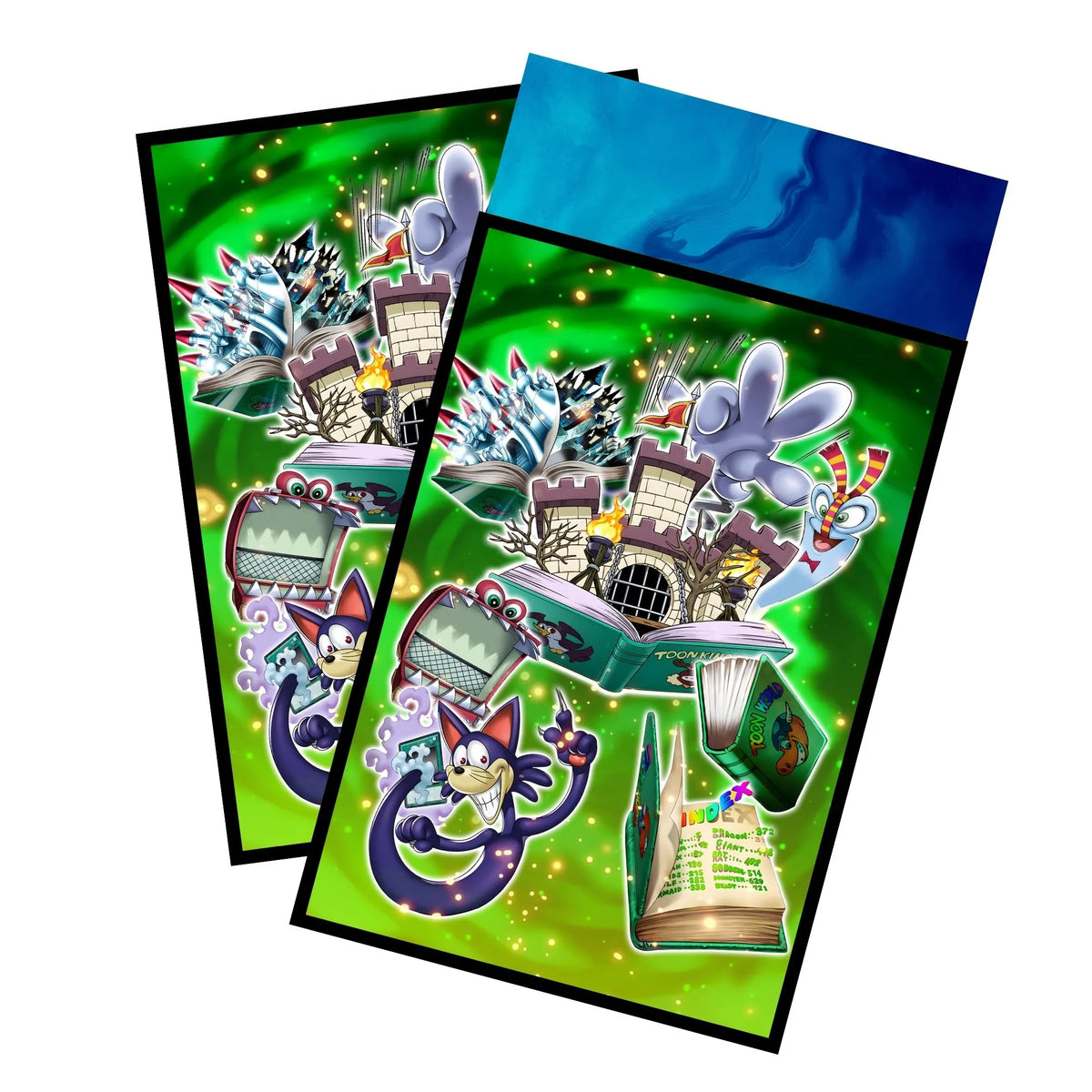 Enhance your cards with our elegant black border card sleeves, featuring a sleek, sophisticated design for a bold, modern aesthetic. From LDB Duel. Perfect for showcasing your collection, these sleeves are printed with our exclusive Toon Archetype design. Toon-yugioh-card-protection-standard-japanese-dragon-shield-LDB-Duel-black