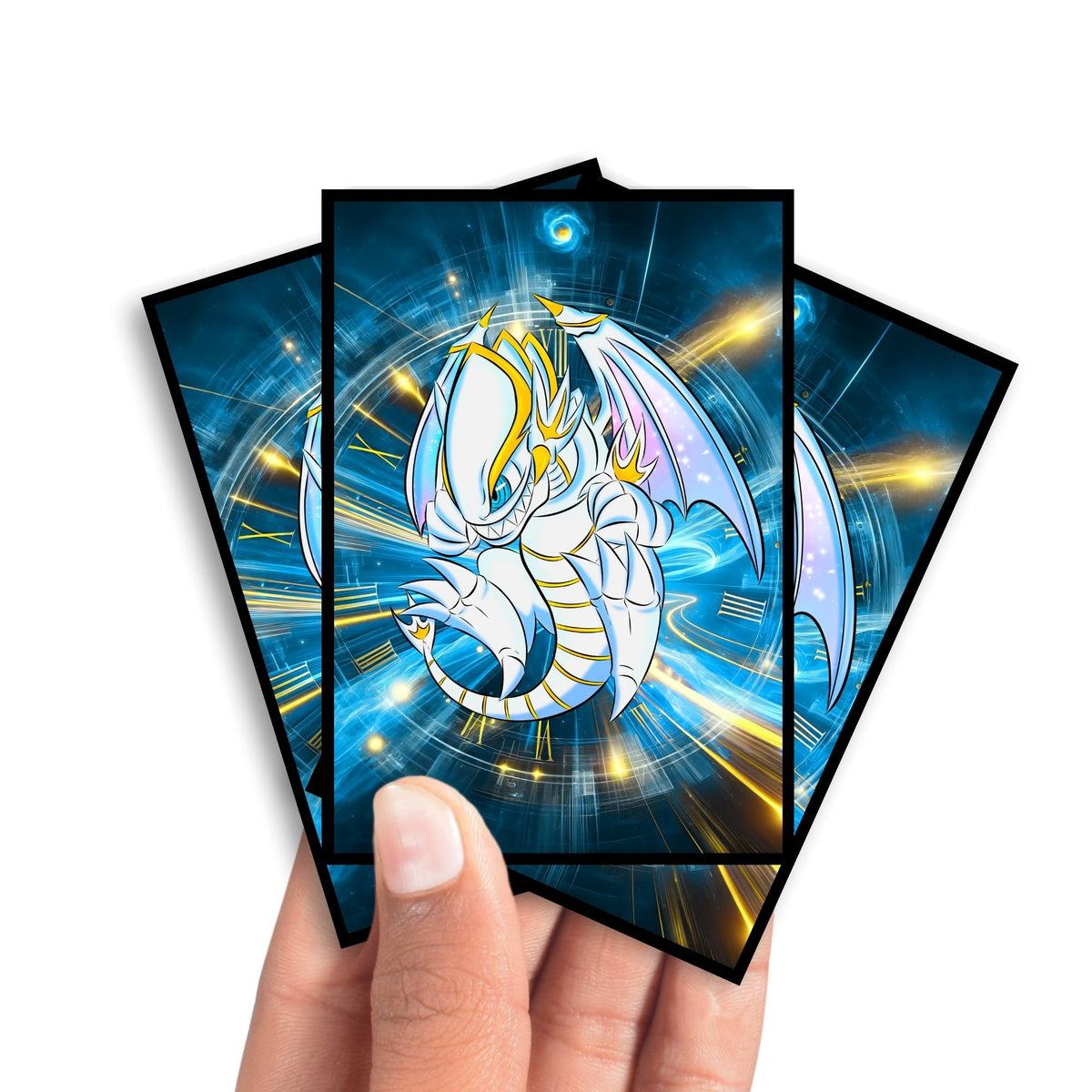 Enhance your cards with our elegant black border card sleeves, featuring a sleek, sophisticated design for a bold, modern aesthetic. From LDB Duel. Perfect for showcasing your collection, these sleeves are printed with our exclusive Toon Blue Eyes Spirit design. Malefic-Blue-Eyes-yugioh-mtg-pokemon-card-protection-standard-japanese-dragon-shield-LDB-Duel-black