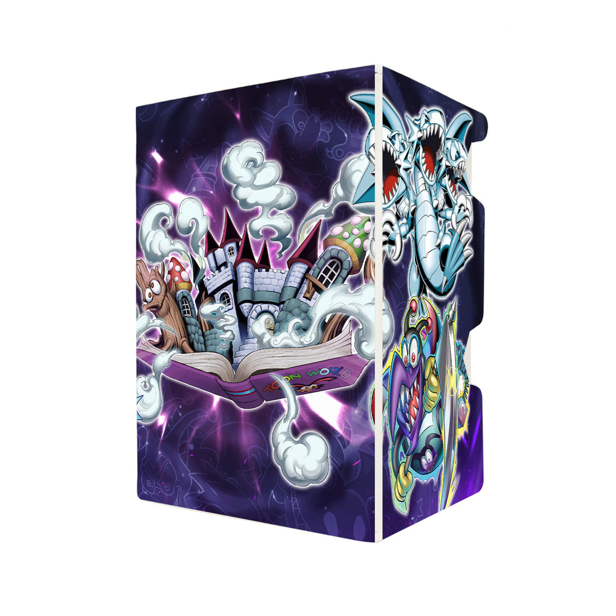 Here's another quality white deck box from LDB Duel featuring our exclusive Toon Monster art. Fits all types of trading card games, including Pokémon, Yu-Gi-Oh! and Magic The Gathering. The perfect card holder for the TCG player safely holds up to 100 double-sleeved cards. EVEN in extra thick sleeves. Comes with a pull-out dice tray. Toon-yugioh-tcg-accessories-card-storage-LDB-Duel