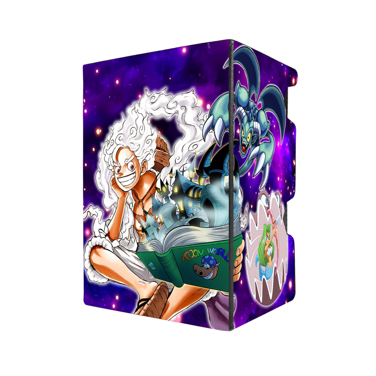 Here's another quality black deck box from LDB Duel featuring our exclusive Toon Sun God Nika art. Fits all types of trading card games, including Pokémon, Yu-Gi-Oh! and Magic The Gathering. The perfect card holder for the TCG player safely holds up to 100 double-sleeved cards. EVEN in extra thick sleeves. Comes with a pull-out dice tray. Luffy-anime-tcg-accessories-card-storage-LDB-Duel