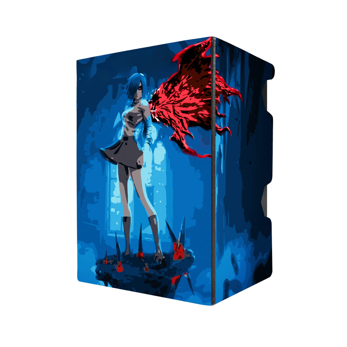 Here's another quality black deck box from LDB Duel featuring our exclusive Touka Kirishima art. Fits all types of trading card games, including Pokémon, Yu-Gi-Oh! and Magic The Gathering. The perfect card holder for the TCG player safely holds up to 100 double-sleeved cards. EVEN in extra thick sleeves. Comes with a pull-out dice tray. Tokyo-Ghoul-anime-tcg-accessories-card-storage-LDB-Duel