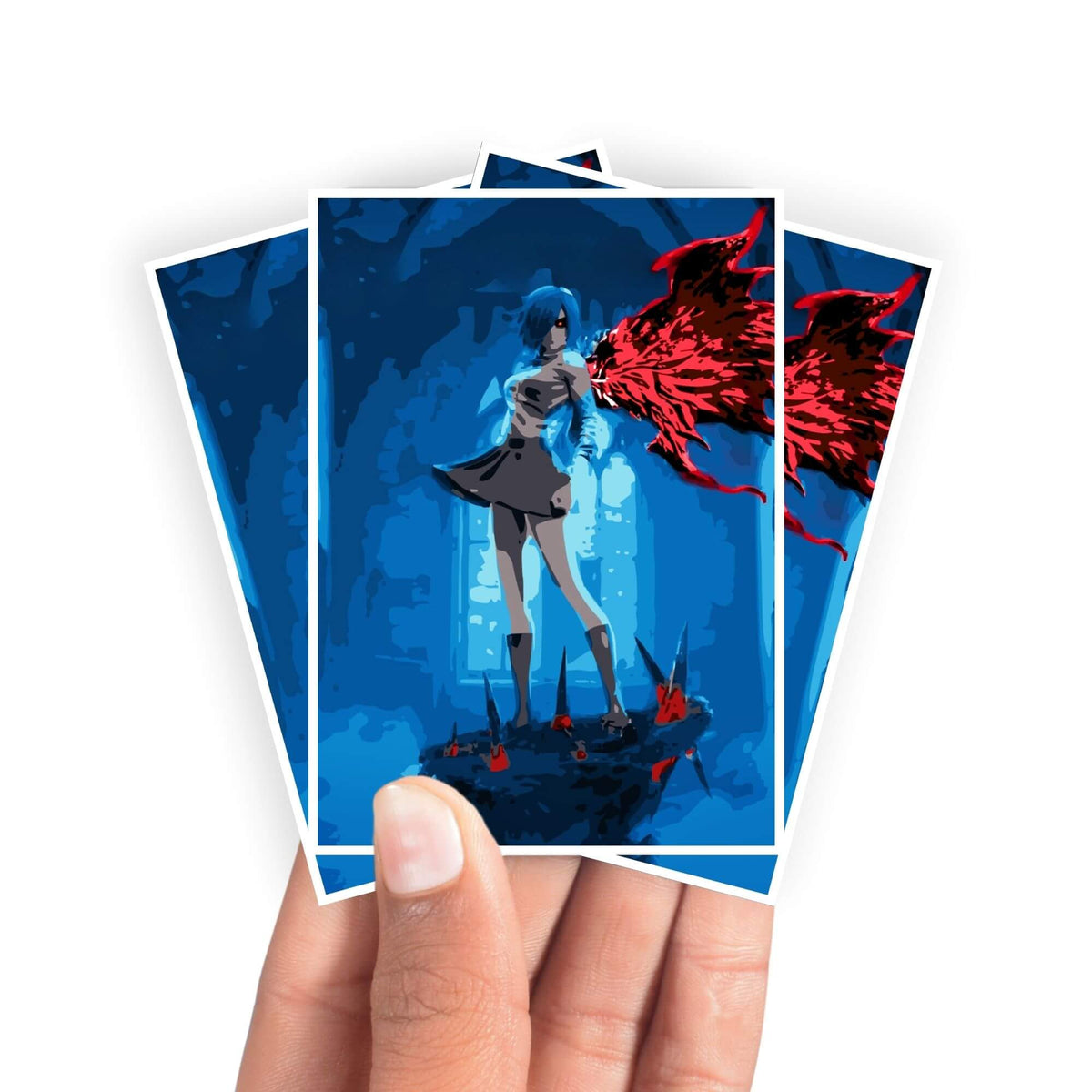 Protect and enhance your cards with our clean and crisp white border card sleeves. Featuring a minimalist design that complements any artwork, these sleeves offer a bright, timeless look. From LDB Duel. Printed with our exclusive Touka Kirishima design for a fresh and premium finish. Rabbit-anime-card-protection-standard-japanese-dragon-shield-LDB-Duel-white
