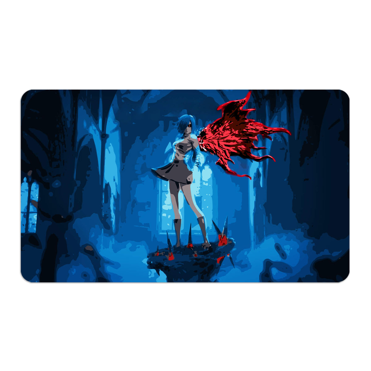Transform your dueling experience with LDB Duel featuring our exclusive art Touka Kirishima playmat! Featuring a soft cloth top for smooth card movement and a durable rubber back for a secure grip, this 24x14 inch mat is machine washable and safe for cards and sleeves. Tokyo-Ghoul-anime-custom-artwork-premium-durable-rubber-ldb-duel