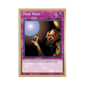 Level up your game with our custom-printed metal orica cards, featuring exclusive Trap Hole artwork in gold metal. Durable, scratch-resistant, and embossed with the iconic Yu-Gi-Oh! card back, these slim orica cards fit perfectly in card sleeves. Trap-Card-yugioh-mtg-pokemon-metal-card-embossed-design-custom-artwork-duel-accessories-ldb-duel