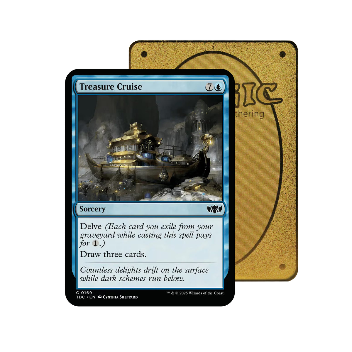 Level up your game with our custom-printed metal orica cards, featuring exclusive Treasure Cruise artwork in gold metal. Durable, scratch-resistant, and embossed with the iconic Yu-Gi-Oh! card back, these slim orica cards fit perfectly in card sleeves. Delve-mtg-yugioh-pokemon-metal-card-embossed-design-custom-artwork-duel-accessories-ldb-duel
